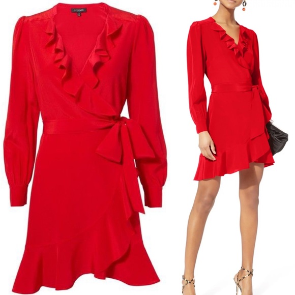 INTERMIX Dresses & Skirts - Intermix Dress Aviana Silk Wrap Ruffle Long Sleeve Red Dress